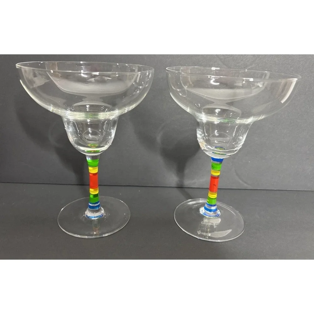 2 Margarita Glasses Multi-Colored Hand Painted Rainbow Stem Hand Blown